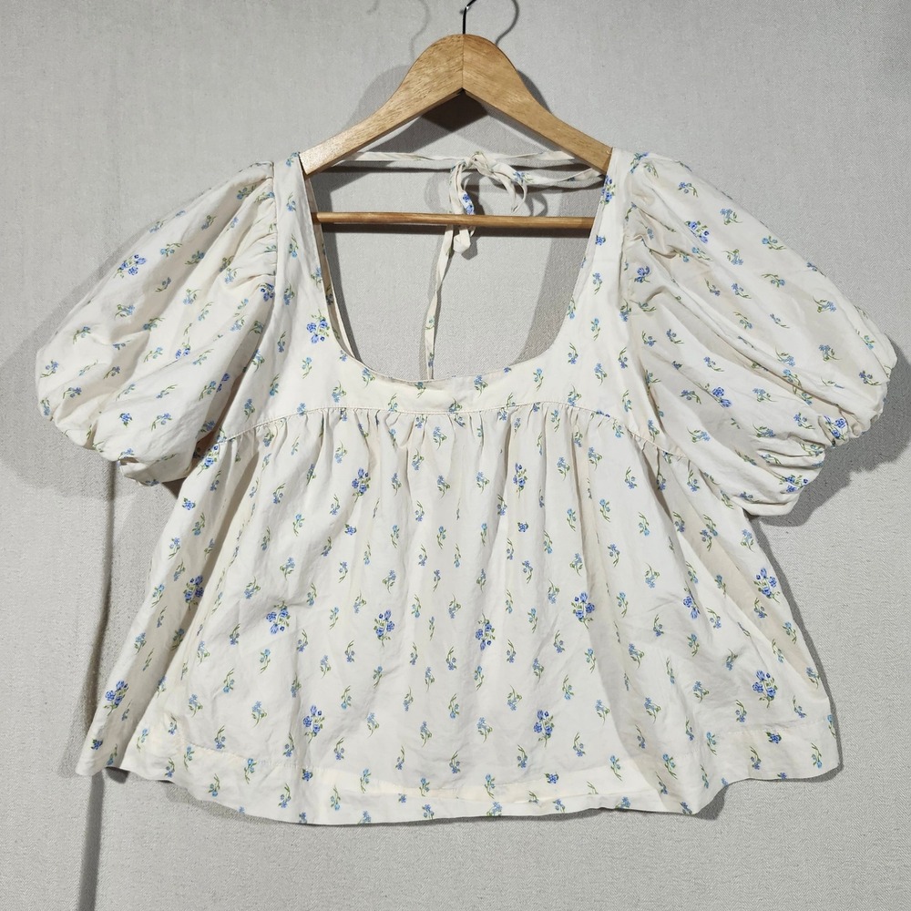 Things Between Floral Puff Sleeve Babydoll Top Cream Blue Square Neck Medium
